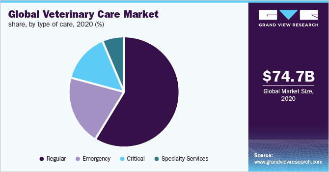 Global veterinary care market share, by type of care, 2020 (%)