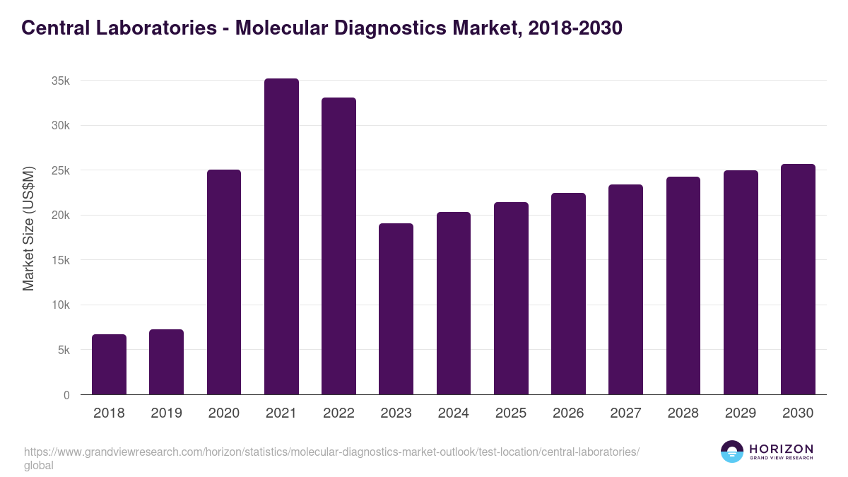 Central Laboratories - Molecular Diagnostics Market Statistics, 2018-2030 (US$M)