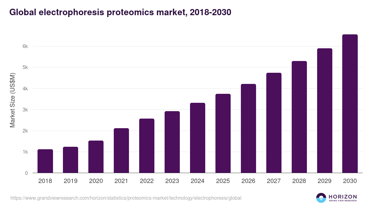 Global electrophoresis proteomics market statistics, 2018-2030 (US$M)