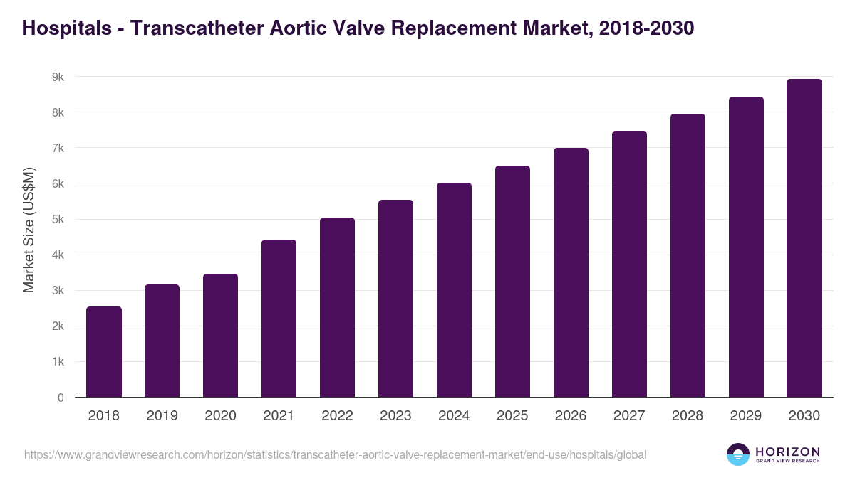 Hospitals - Transcatheter Aortic Valve Replacement Market, 2021-2033 (US$M)