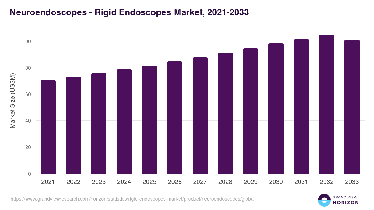 Neuroendoscopes - Rigid Endoscopes Market, 2021-2033 (US$M)