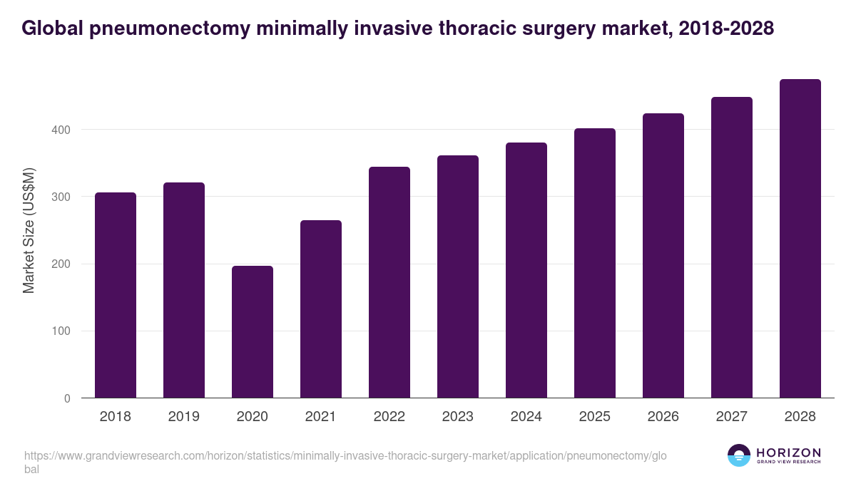Global pneumonectomy minimally invasive thoracic surgery market statistics, 2018-2030 (US$M)
