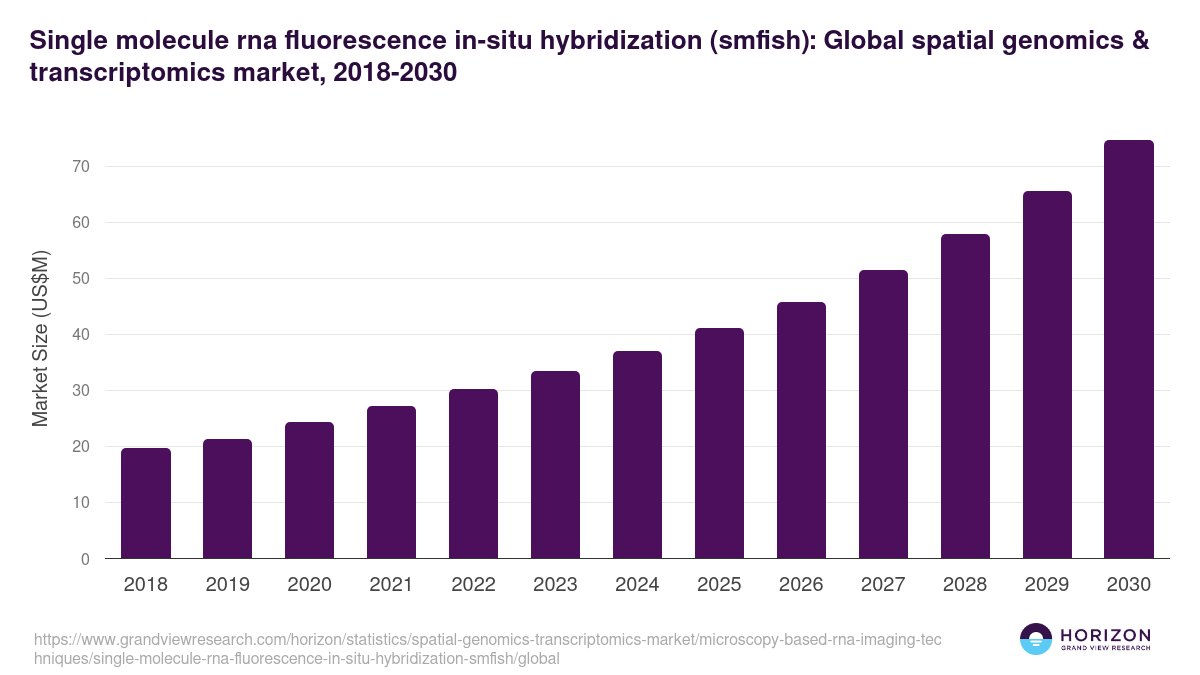 Single molecule rna fluorescence in-situ hybridization (smfish): Global spatial genomics & transcriptomics market statistics, 2018-2030 (US$M)