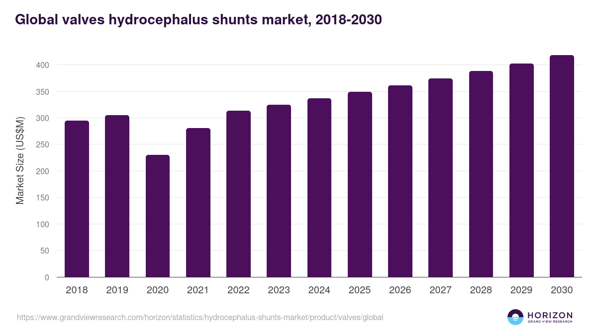Global valves hydrocephalus shunts market statistics, 2018-2030 (US$M)