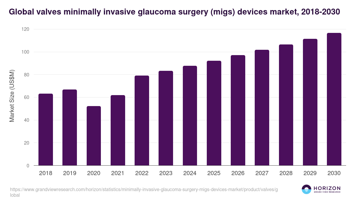 Global valves minimally invasive glaucoma surgery (migs) devices market statistics, 2018-2030 (US$M)