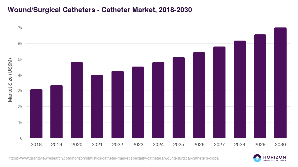Wound/Surgical Catheters - Catheter Market, 2018-2030 (US$M)