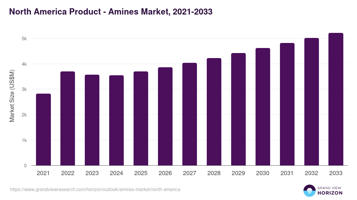 North America amines market, 2021-2033 (US$M)