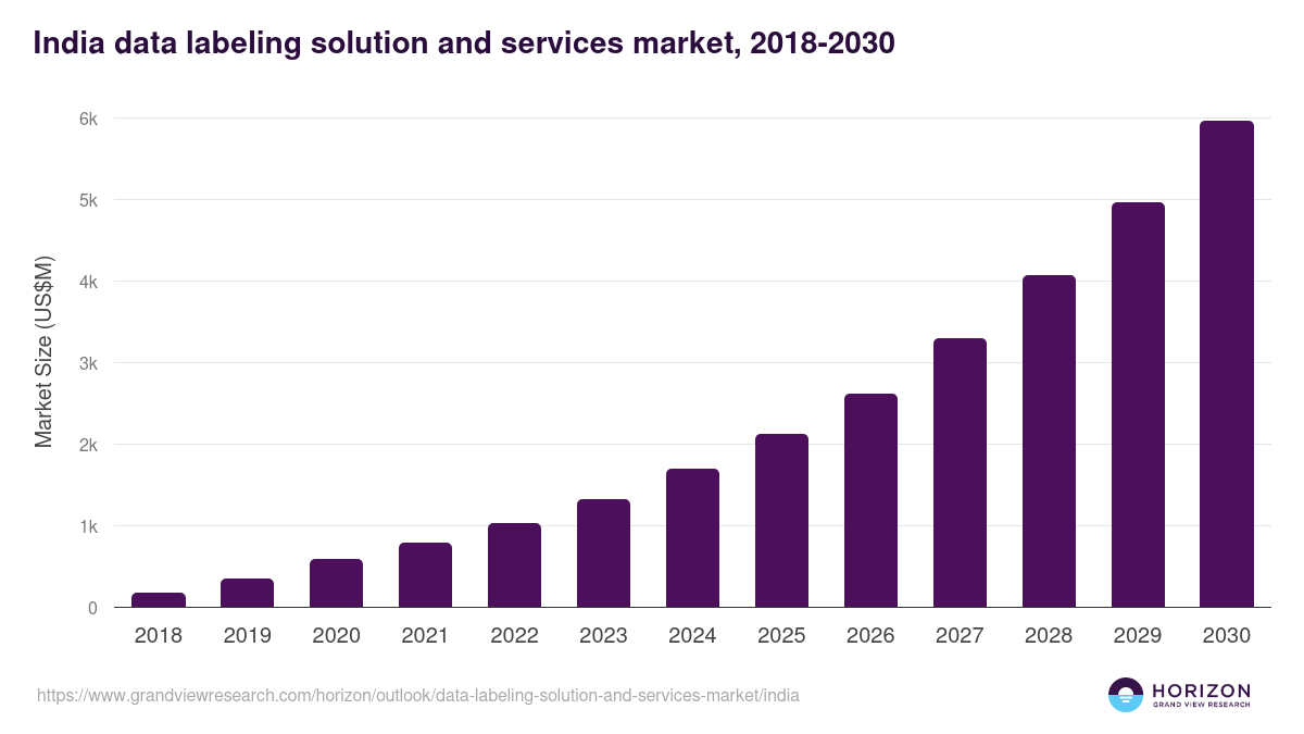 India data labeling solution and services market, 2018-2030 (US$M)