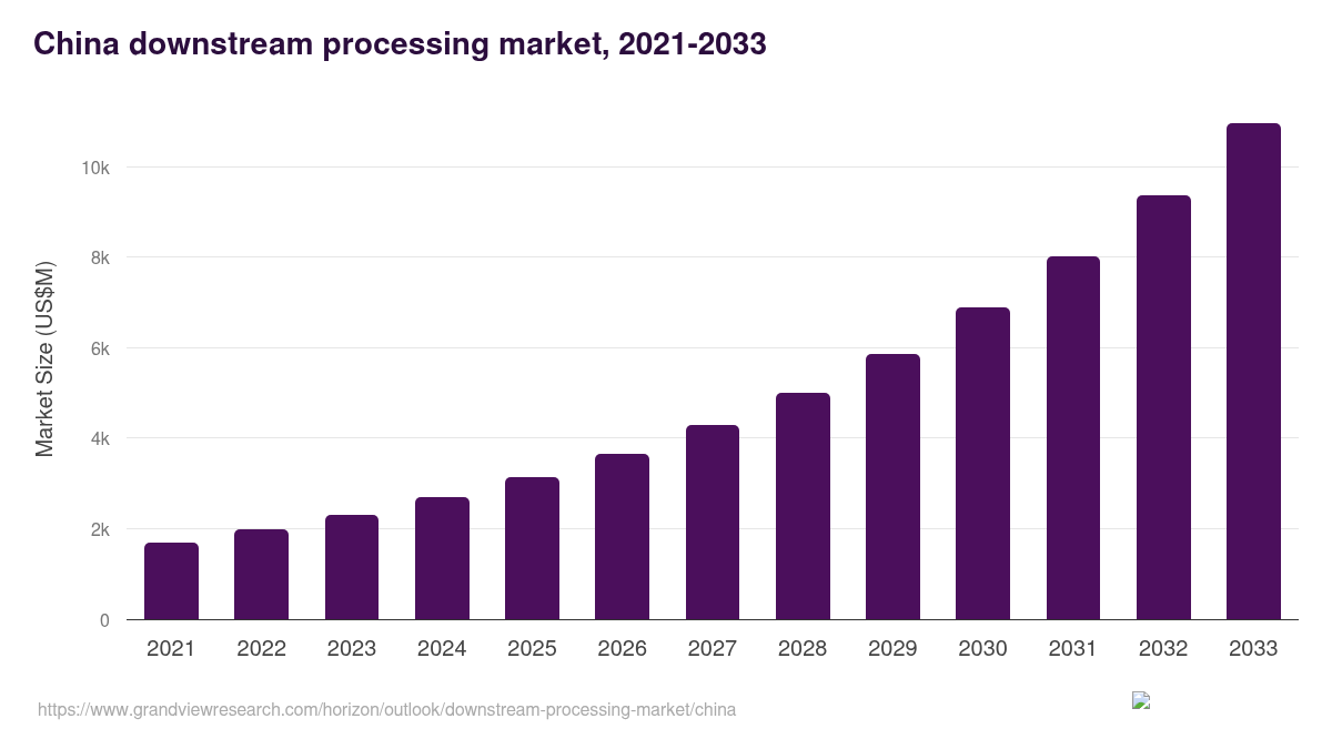 China downstream processing market, 2021-2033 (US$M)