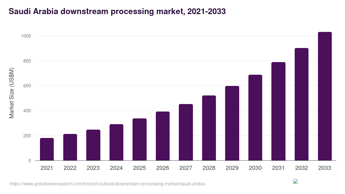 Saudi Arabia downstream processing market, 2021-2033 (US$M)