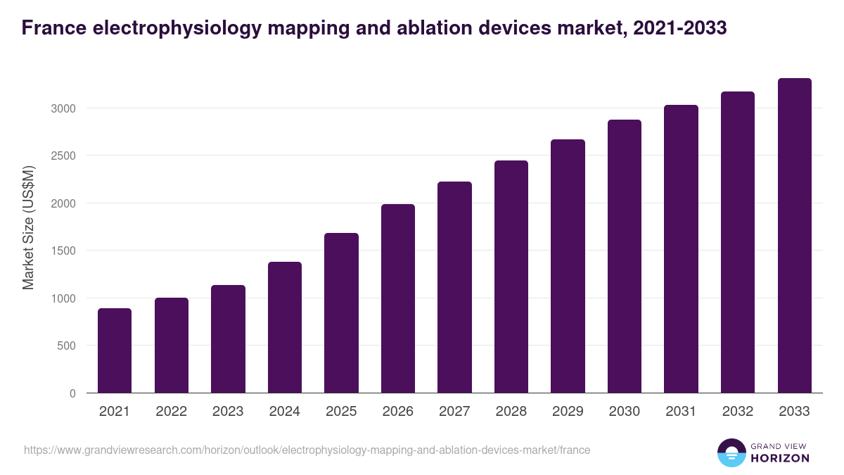 France electrophysiology mapping and ablation devices market, 2021-2033 (US$M)