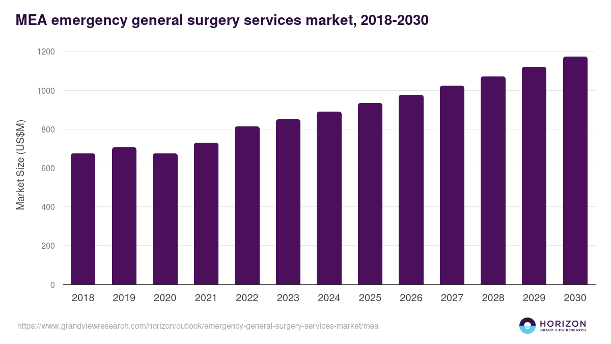 Middle East & Africa emergency general surgery services market, 2018-2030 (US$M)