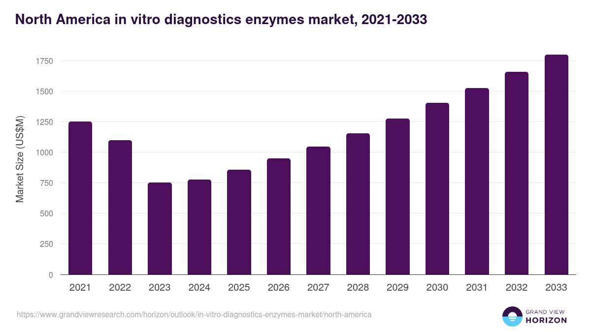 North America in-vitro diagnostics enzymes market, 2021-2033 (US$M)
