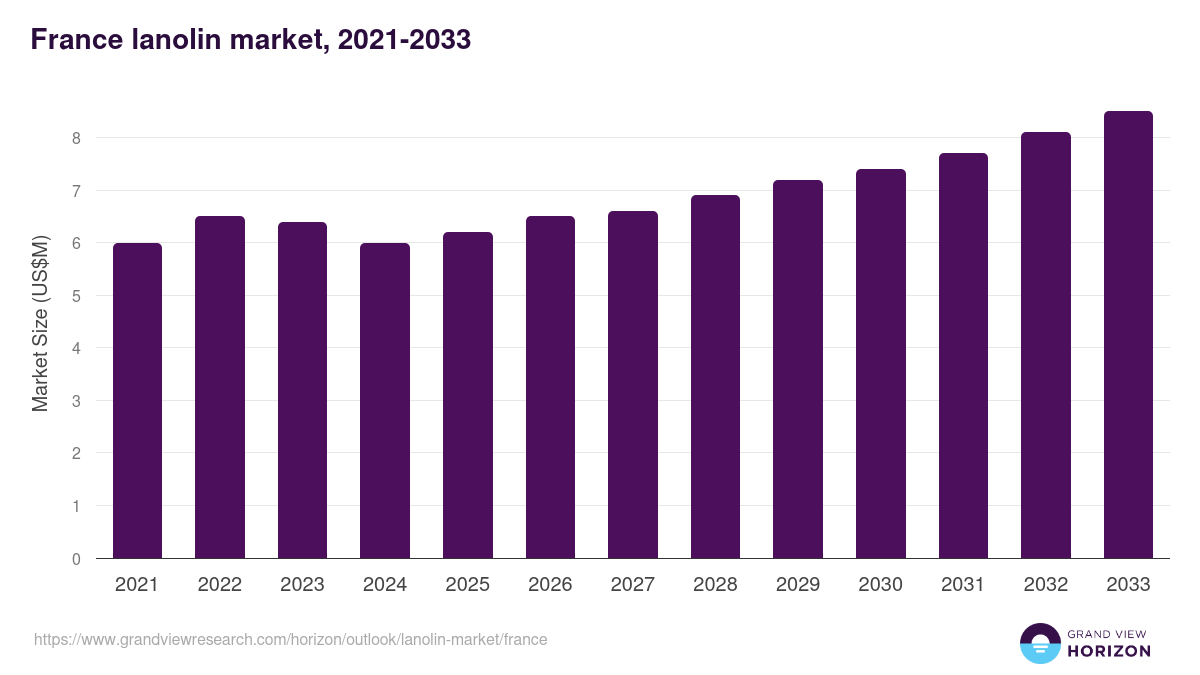 France lanolin market, 2021-2033 (US$M)