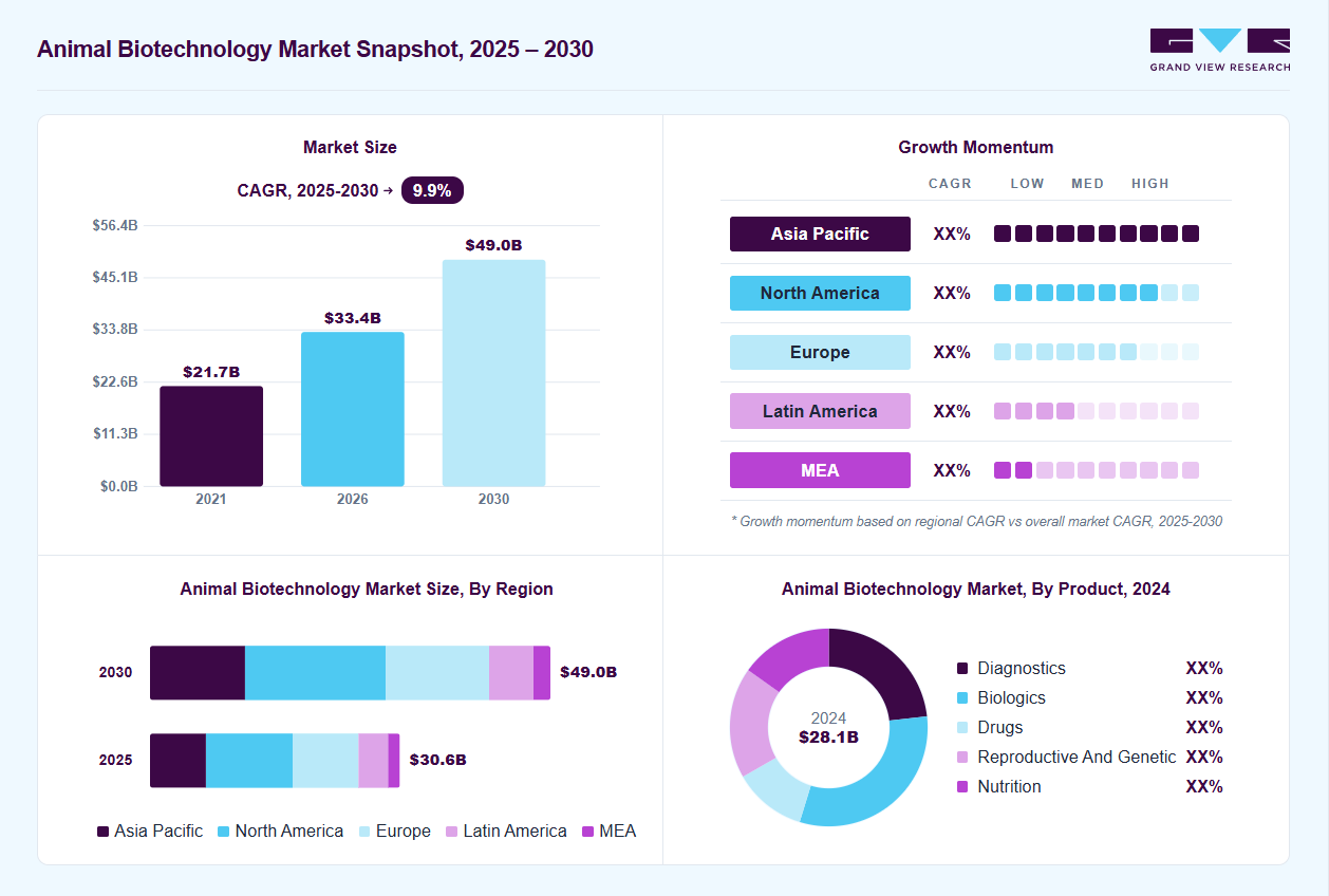 Animal biotechnology market overview: Grand View Research estimates the global market size at USD 28.1 billion in 2024, projected to grow from USD 33.4 billion in 2026 to USD 49 billion by 2030 at a 9.9% CAGR, with regional growth momentum.