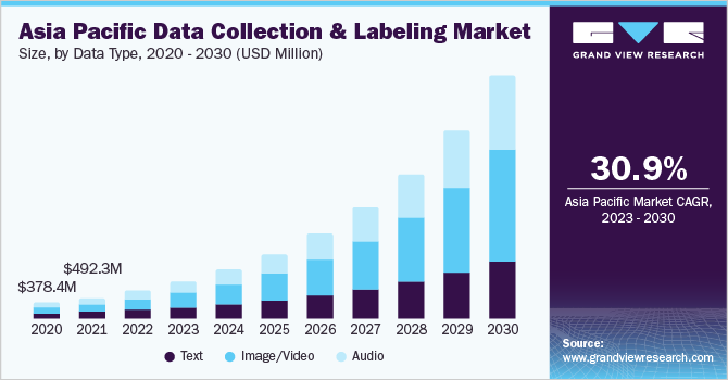 Asia Pacific data collection and labeling market size, by data type, 2020 - 2030 (USD Million)