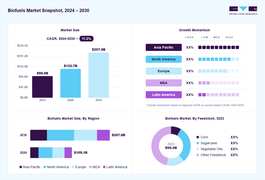 Biofuels market overview: Grand View Research estimates the global market size at USD 99.3 billion in 2023, projected to grow from USD 132.7 billion in 2026 to USD 207.9 billion by 2030 at a 11.3% CAGR, with regional growth momentum.