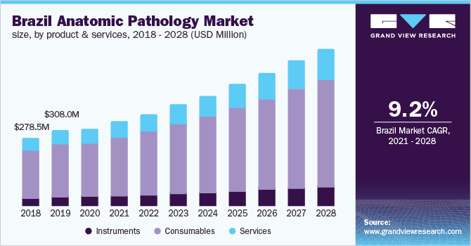 Brazil anatomic pathology market size, by product & services, 2018 - 2028 (USD Million)