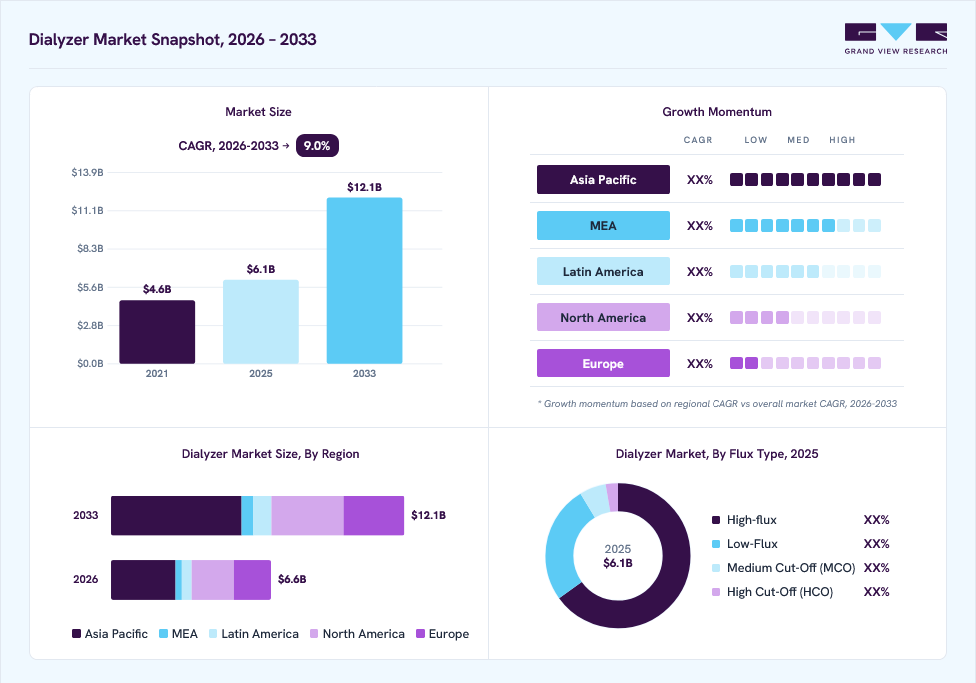 Dialyzer market overview: Grand View Research estimates the global market size at USD 6.1 billion in 2025, projected to grow from USD 6.6 billion in 2026 to USD 12.1 billion by 2033 at a 9.0% CAGR, with regional growth momentum.