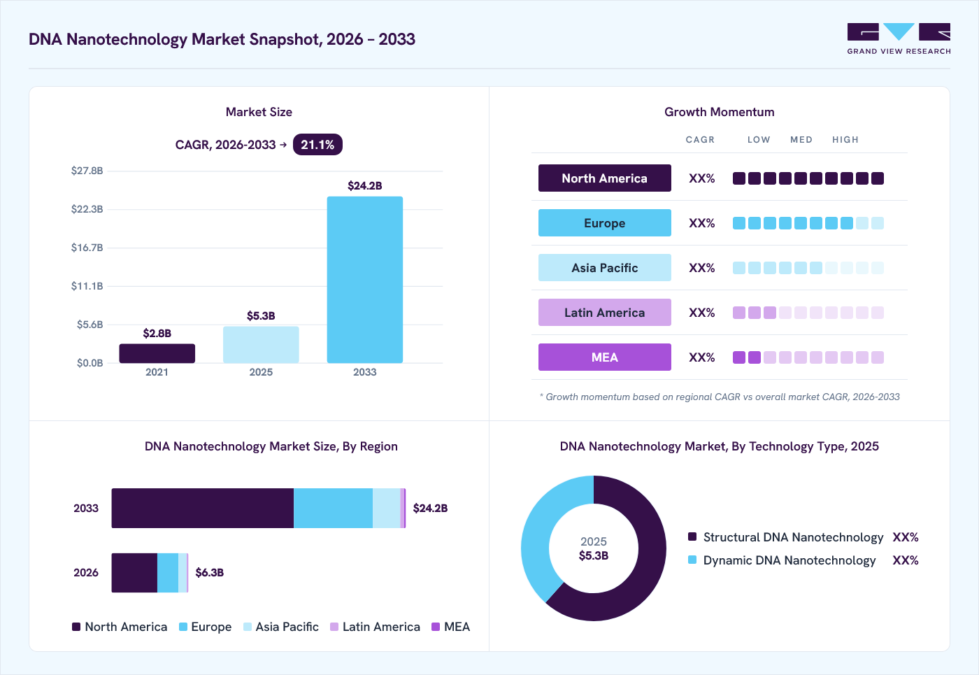 DNA nanotechnology market overview: Grand View Research estimates the global market size at USD 5.3 billion in 2025, projected to grow from USD 6.3 billion in 2026 to USD 24.2 billion by 2033 at a 21.1% CAGR, with regional growth momentum.