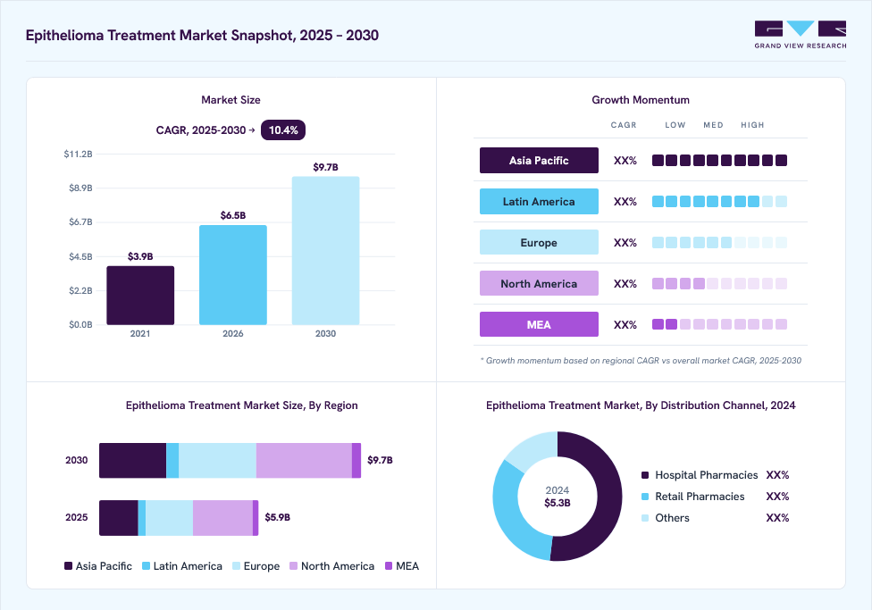 Epithelioma treatment market overview: Grand View Research estimates the global market size at 5.3 billion in 2024, projected to grow from USD 6.5 billion in 2026 to USD 9.7 billion by 2030 at a 10.4% CAGR, with regional growth momentum.