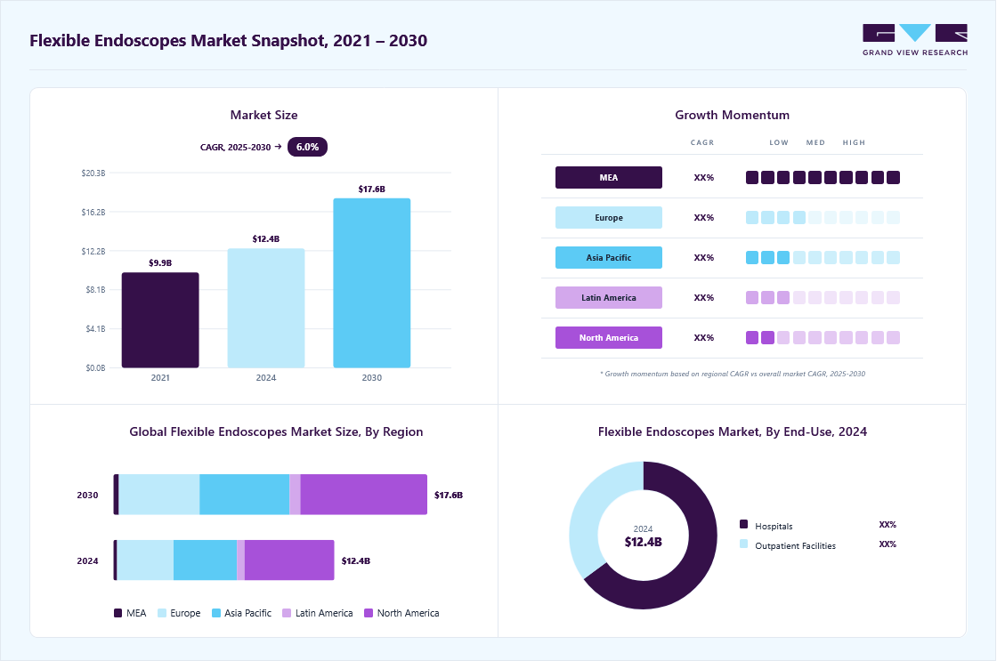 Flexible endoscopes market overview highlighting global market size in 2024 (USD 12.41 Billion), revenue forecast for 2030 (USD 17.63 Billion), growth trends (CAGR 5.96% from 2025 to 2030), and regional growth momentum