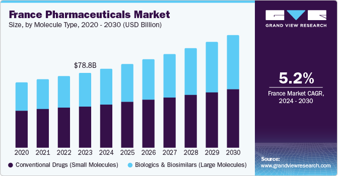 France Pharmaceuticals Market Size, By Molecule Type, 2020 - 2030 (USD Billion)
