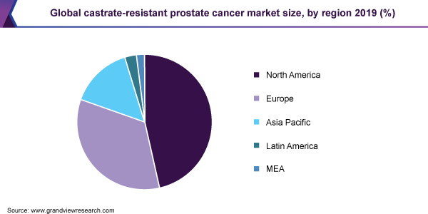 Global castrate-resistant prostate cancer market size, by region 2019 (%)