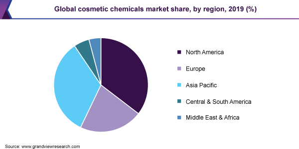 Global cosmetic chemicals market share, by region, 2019 (%)