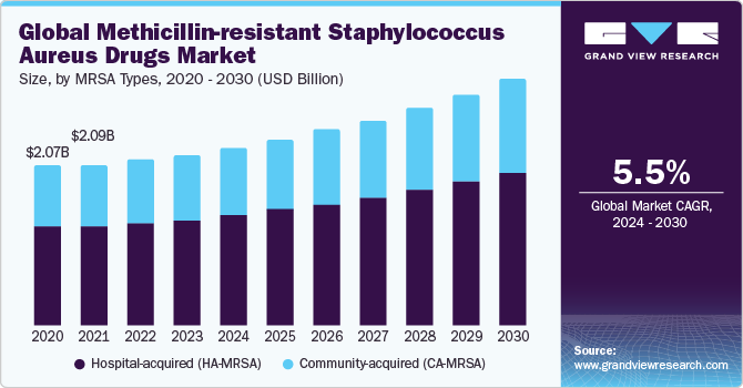 Global Methicillin-resistant Staphylococcus Aureus Drugs Market Size, By MRSA Types, 2020 - 2030 (USD Billion)