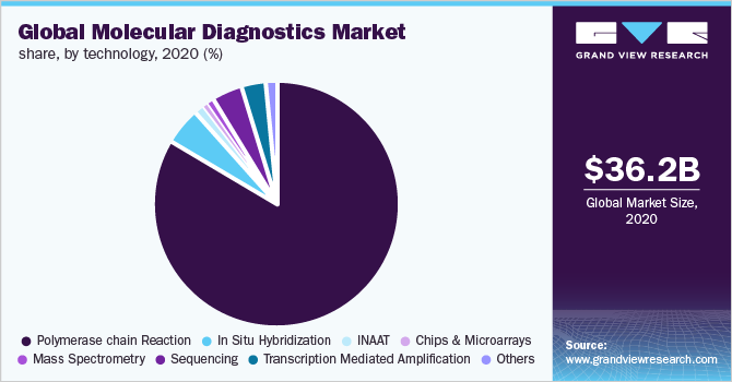 Global molecular diagnostics market share, by technology, 2020 (%)
