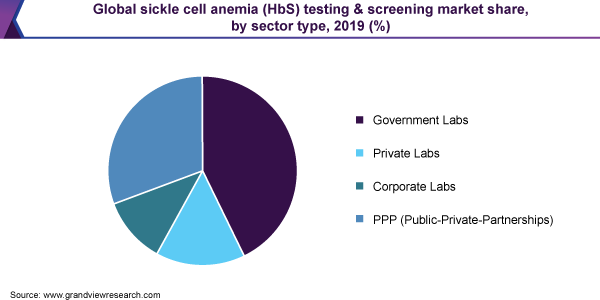 Global sickle cell anemia (HbS) testing & screening market share, by sector type, 2019 (%)