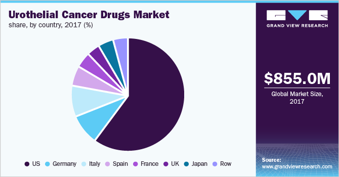 Global urothelial cancer drugs market share, by country, 2017 (%)