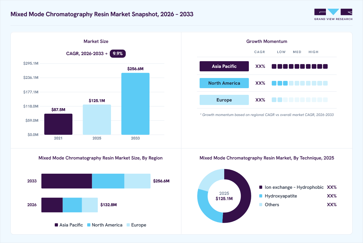 Mixed Mode Chromatography Resin market overview: Grand View Research estimates the global market size at USD 125.1 million in 2025, projected to grow from USD 132.8 million in 2026 to USD 256.6 million by 2033 at a 9.9% CAGR, with regional growth momentum.