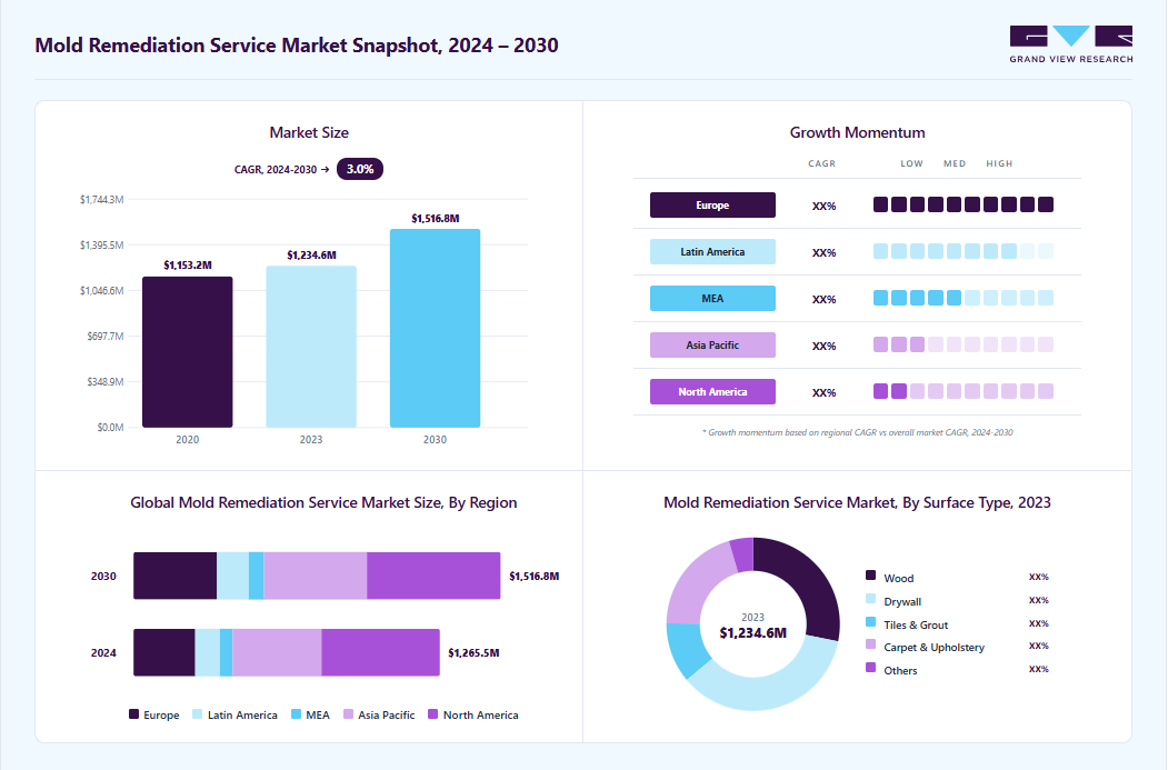 Mold remediation service market overview: Grand View Research estimates the global market size at USD 1,234.6 million in 2023, projected to grow from USD 1,270 million in 2024 to USD 1,520 million by 2030 at a 3.1% CAGR, with regional growth momentum.