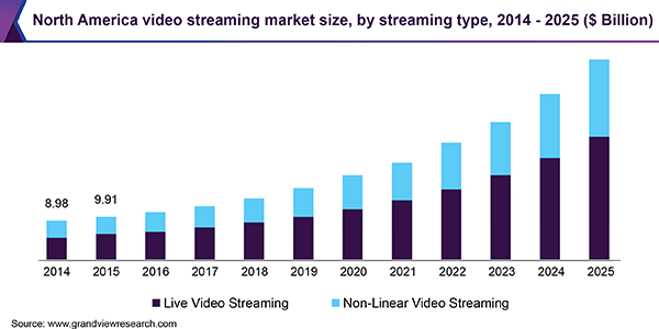 North America video streaming market size, by streaming scope, 2014 - 2025 (USD Billion)