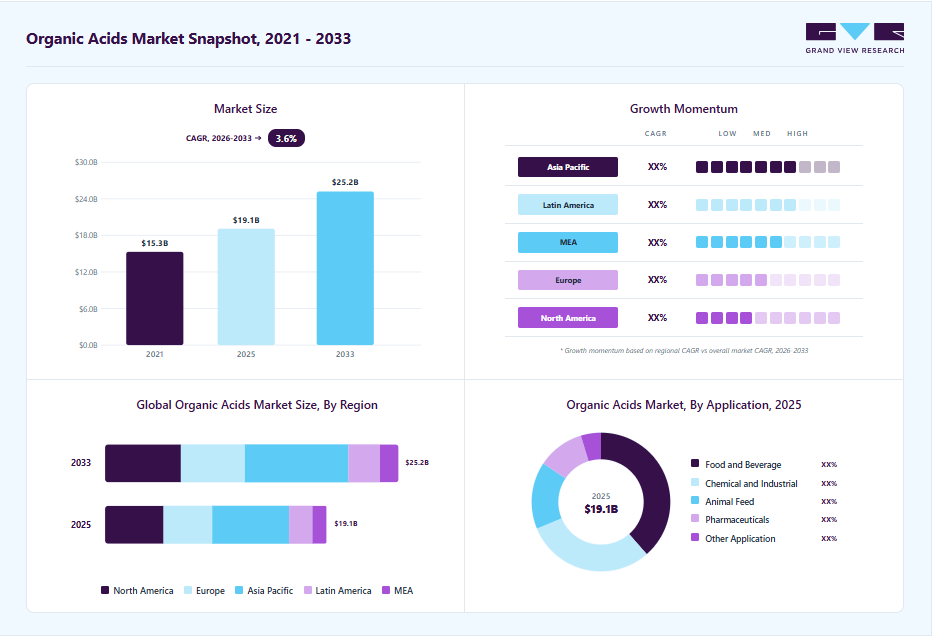Organic acids market overview highlighting global market size in 2025 (USD 19.1 Billion), revenue forecast for 2033 (USD 25.2 Billion), growth trends (CAGR 3.6% from 2026 to 2033), and regional growth momentum