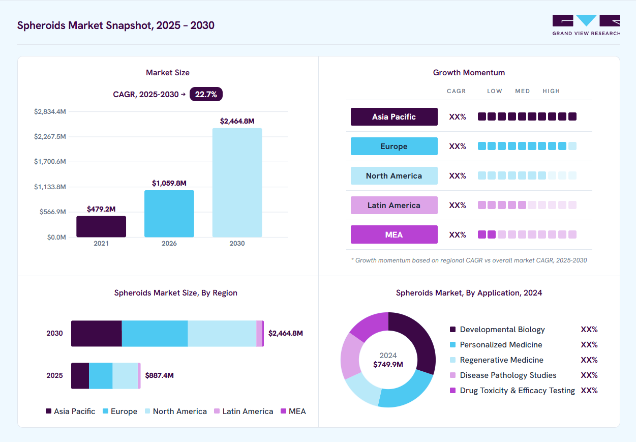 Spheroids market overview: Grand View Research estimates the global market size at USD 749.9 million in 2024, projected to grow from USD 1059.8 million in 2026 to USD 2464.8 million by 2030 at a 22.7% CAGR, with regional growth momentum.