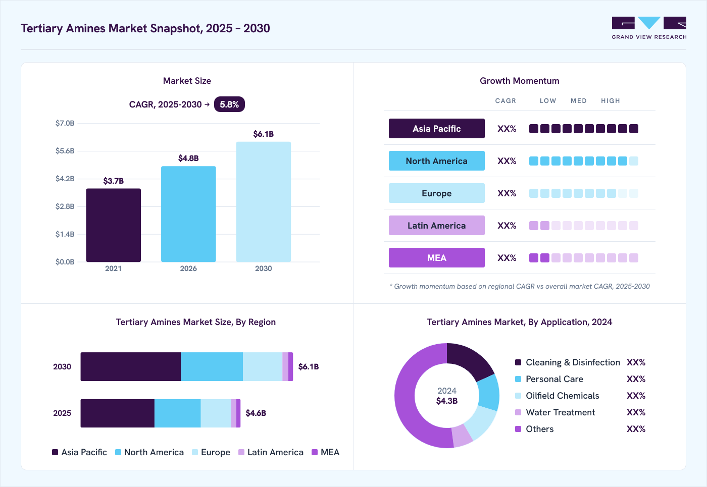 Tertiary amines market overview: Grand View Research estimates the global market size at USD 4.3 billion in 2024, projected to grow from USD 4.8 billion in 2026 to USD 6.1 billion by 2030 at a 5.8% CAGR, with regional growth momentum.